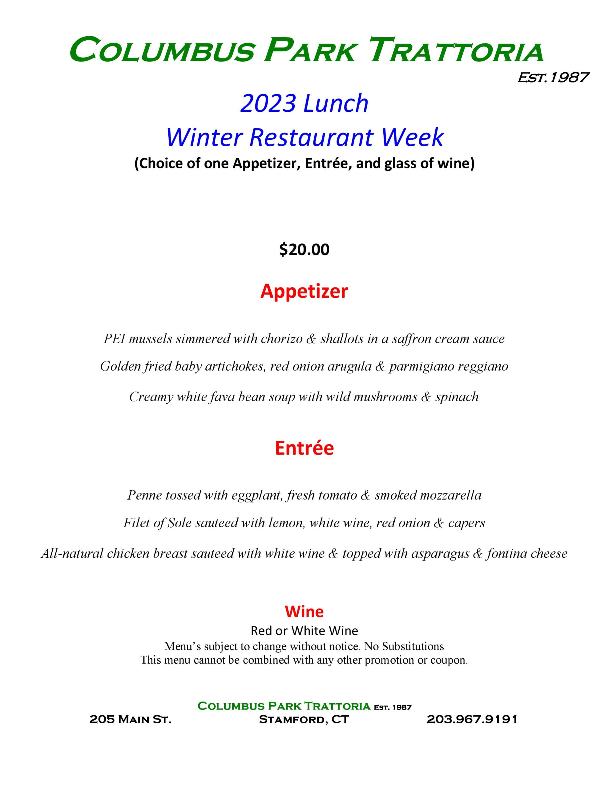 Columbus Park Stamford Restaurant Week Lunch Menu 2023