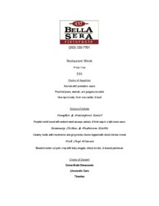 Bella Sera Fairfield Restaurant Week Dinner Menu