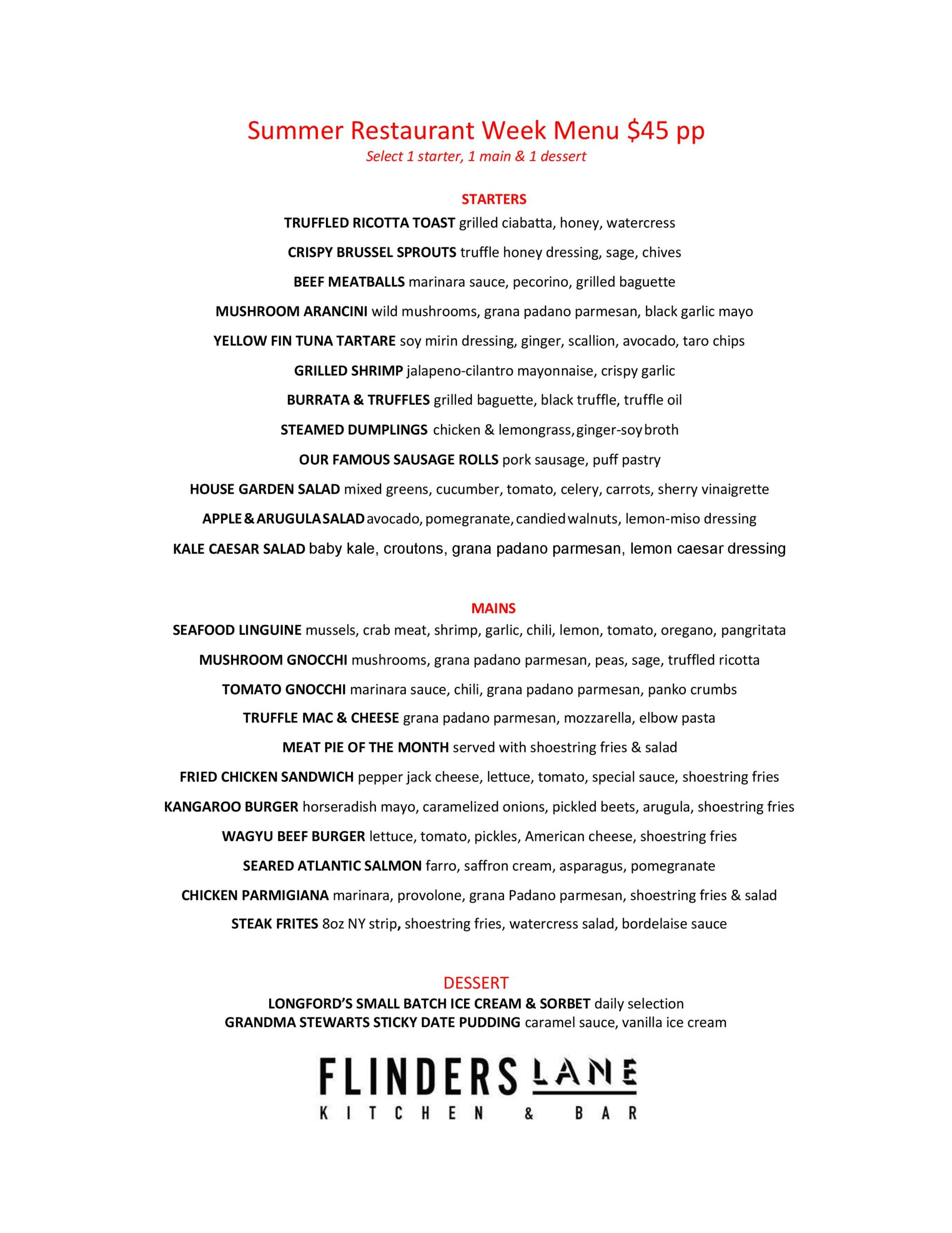 Flinders Lane Stamford Summer Restaurant Week 2022