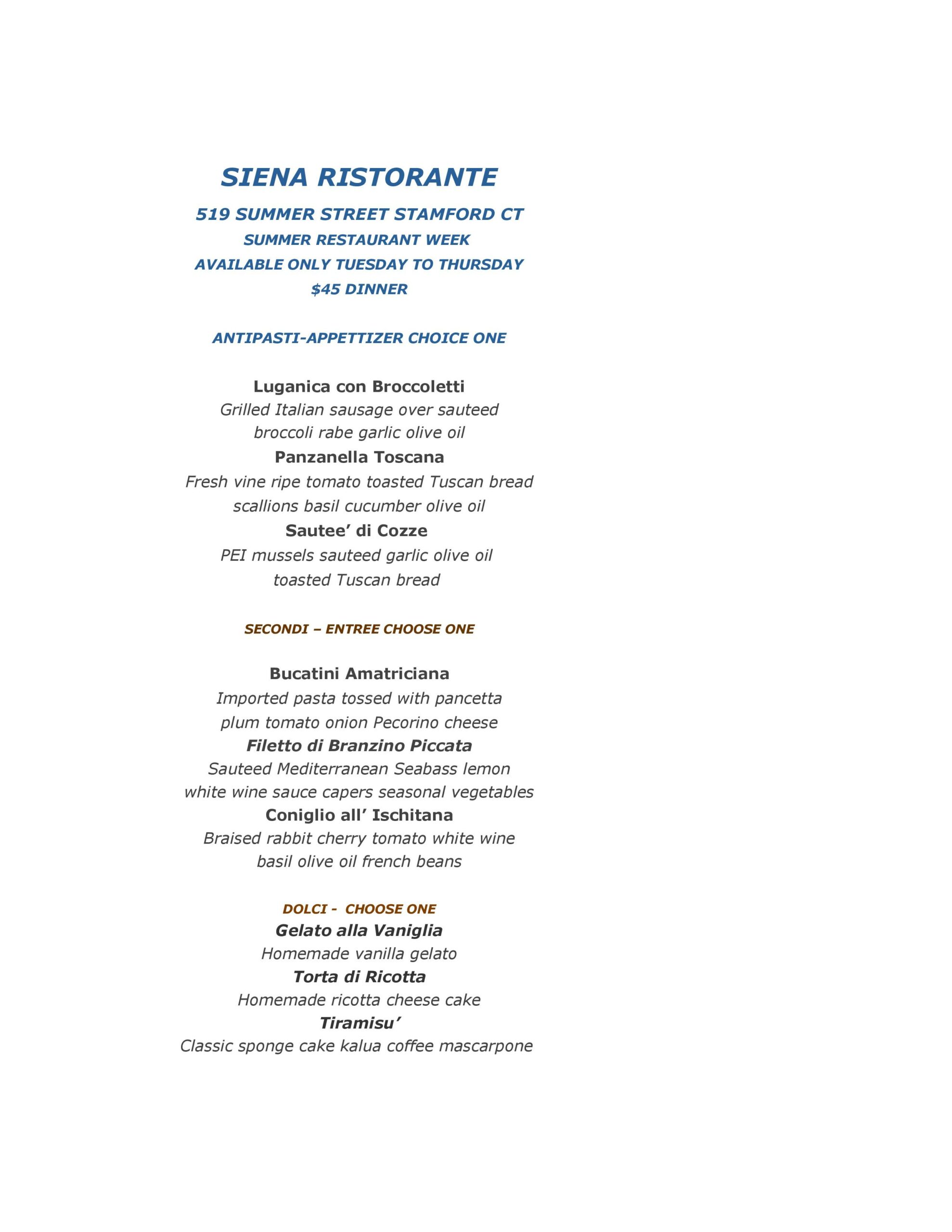 Siena Stamford Summer Restaurant Week 2022