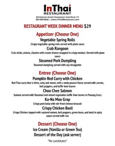 InThai Stamford Restaurant Week Dinner Menu 2023
