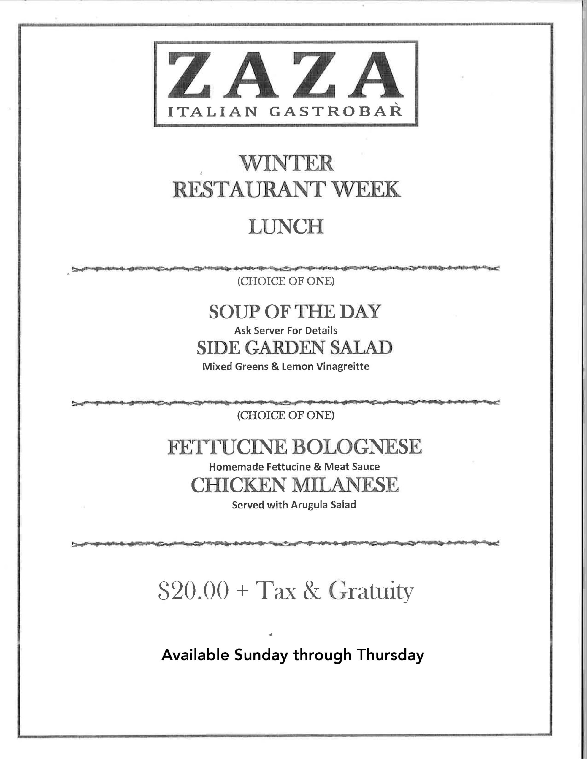 ZAZA Stamford Restaurant Week Menu 2023 Lunch