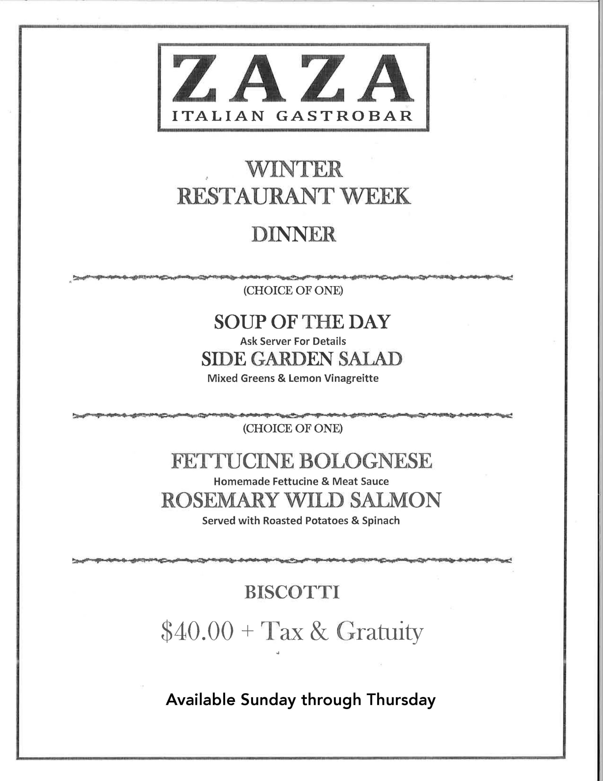ZAZA Stamford Restaurant Week Menu 2023 Dinner